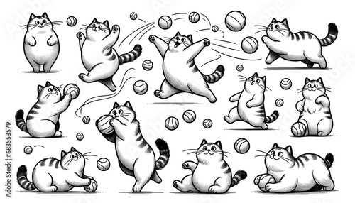 Drawing of cute chubby cats in various poses: playing with balls, jumping, watching and relaxing. The cats are made in black and white graphics, with an emphasis on expressive eyes and fluffy fur