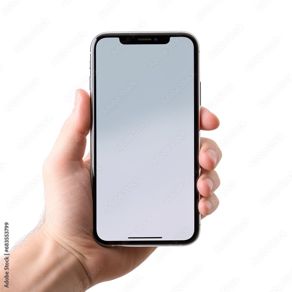 Hand holding a smartphone. Transparent mobile screen mockup. No background. - Generative AI Hand holding a smartphone. Transparent mobile screen mockup. No background. - Generative AI