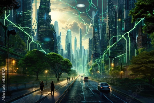 futuristic city with glowing green energy patterns and a serene park setting photo