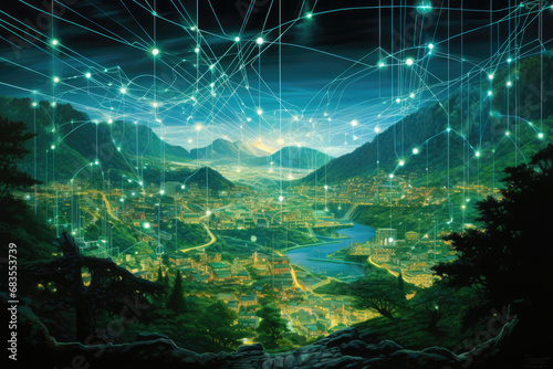valley under a network of glowing connections at dusk, blending nature with technology