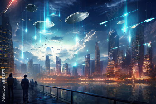 Futuristic City Skyline at Dusk with UFOs and Lasers
