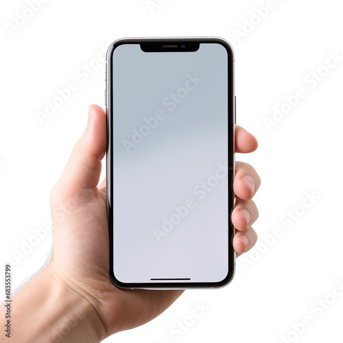 Hand holding a smartphone. Transparent mobile screen mockup. No background. - Generative AI