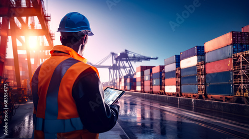 Man in orange vest holding tablet in front of shipping containers. photo