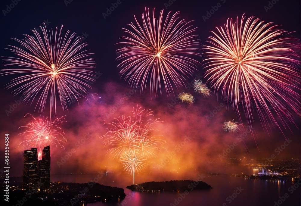beautiful fireworks above a city with a lake - fitting for new years related topics or cards beautiful fireworks above a city with a lake - fitting for new years related topics or cards