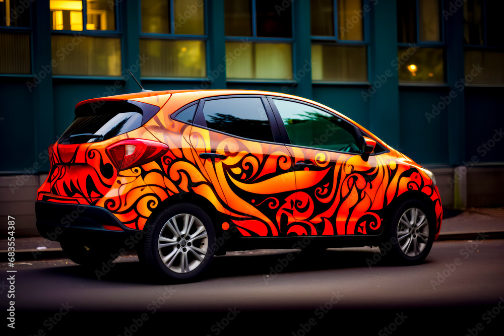 Car painted with orange and red designs on the side of the road. Car painted with orange and red designs on the side of the road.