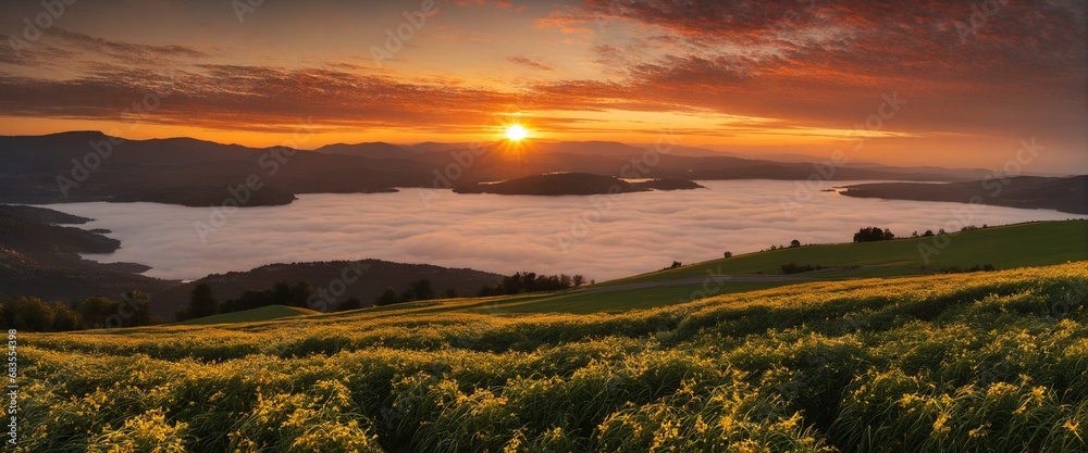 Fototapeta premium an incredible nature landscapewith green hills, a big lake in the center, a beautiful sky and a magical sunset