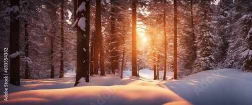 a wonderful winter forest with magical sun light in december photo