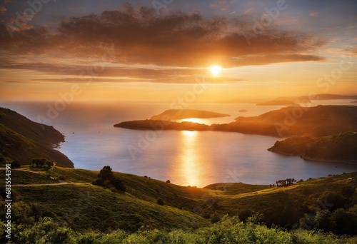 breathetaking wonderful nature landscape with sun, clouds and lake