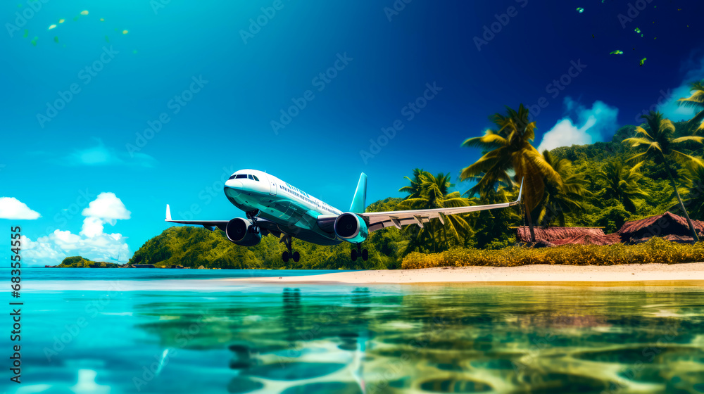 Airplane flying over tropical island with beach in the foreground. - obrazy, fototapety, plakaty 