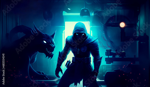 Man in hoodie standing next to demon in dark room.