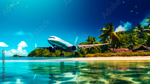 Airplane flying over tropical island with beach in the foreground. photo