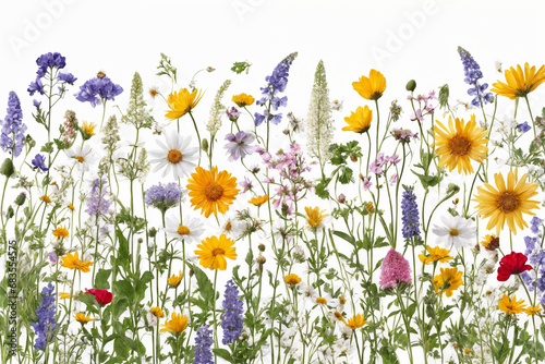 Flower composition. Colorful wild flowers on a white background top view. Floral abstract background. Generative Ai