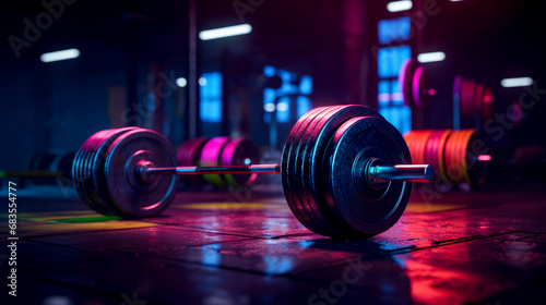 Close up of barbell on gym floor with neon lights in the background.