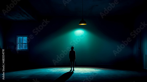 Person standing in the middle of dark room with light on.