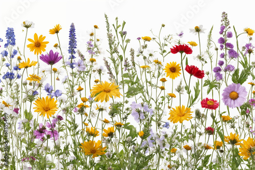 Flower composition. Colorful wild flowers on a white background top view. Floral abstract background. Generative Ai
