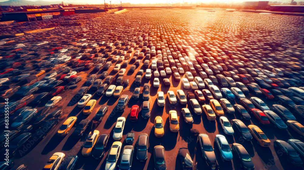 Obraz premium Large parking lot filled with lots of parked cars on top of sandy beach.