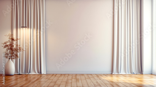 Empty room with wooden floor and white curtain on the wall. © OLHA