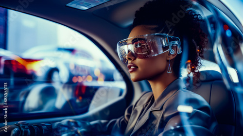 Woman in car wearing pair of goggles on her head. © OLHA