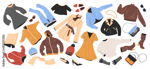 Set of fashion clothes for women. Casual garments and accessories for fall and winter. Coat, jacket, bags, shoes, trousers, hats flying. Flat vector illustrations isolated on white background.