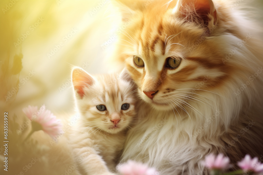 mother's day card with adorable red mother cat and her kitten