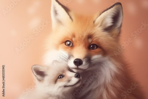Red fox cub and mother cute portrait. mother's day concept
