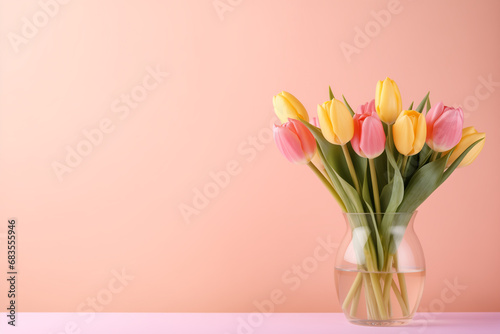 Beautiful bouquet of tulips in glass vase on pastel background . space for text. mother's day,8 march etc