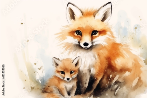 watercolor mother's day card with cute foxes © piksik