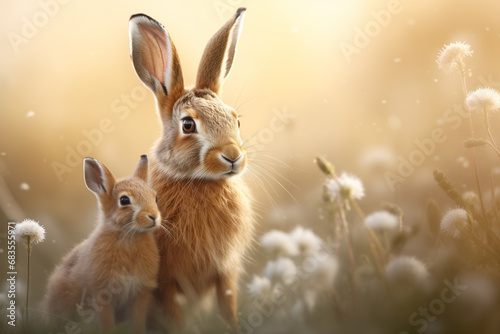 copy space mother's day banner with adorable mother rabbit with her cub photo