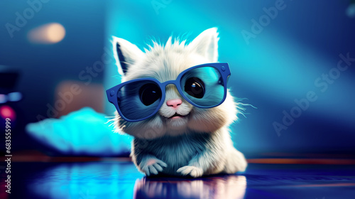 Small kitten wearing blue sunglasses on top of blue table next to blue pillow.