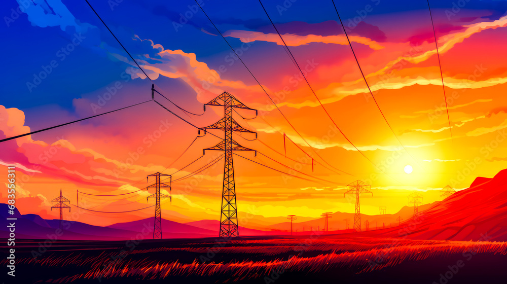 Painting of sunset with power lines in the foreground and mountain in the background.