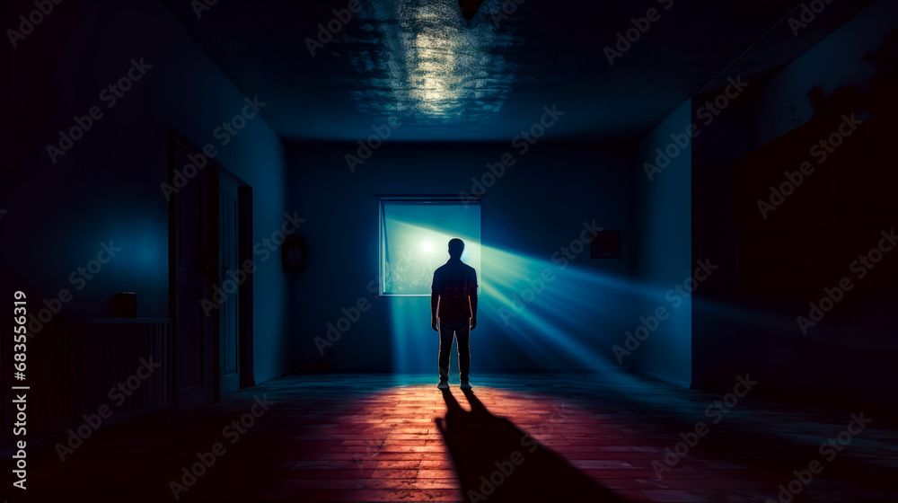 Man standing in dark room with bright light coming through the window.
