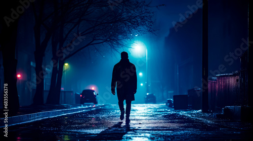 Man walking down street at night in the rain with umbrella.