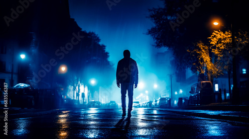 Man standing in the middle of street in the middle of the night.