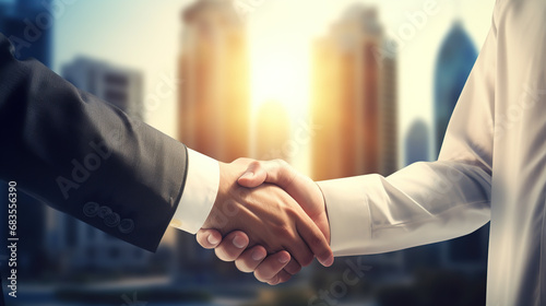 Arab Business handshake and business people on city background photo