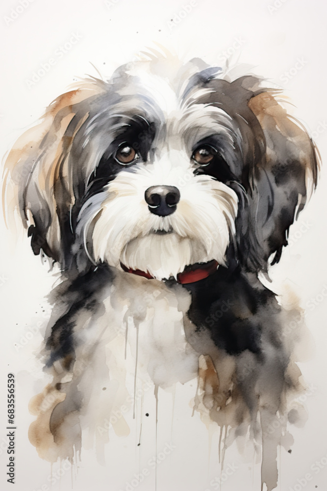 Cute dark brown havanese dog with white tummy in watercolor