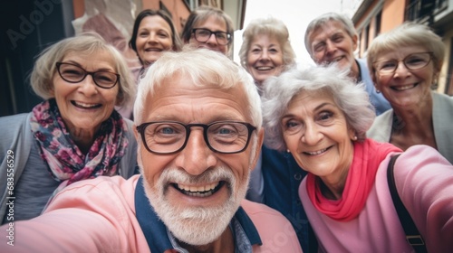 A group of seniors smiling and taking a selfie together. Generative AI.