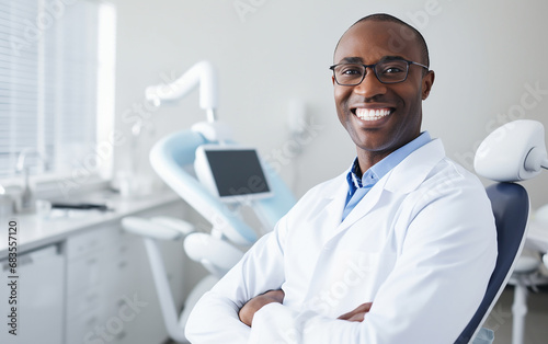 Handsome black-skinned male doctor posing at newest dental clinic, copy space