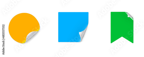 Sticker sticker in different geometric shapes colored glue mock up set, round collection curved sticky circle, square, sticker colored paper folded realistic fold vector isolated illustration on white