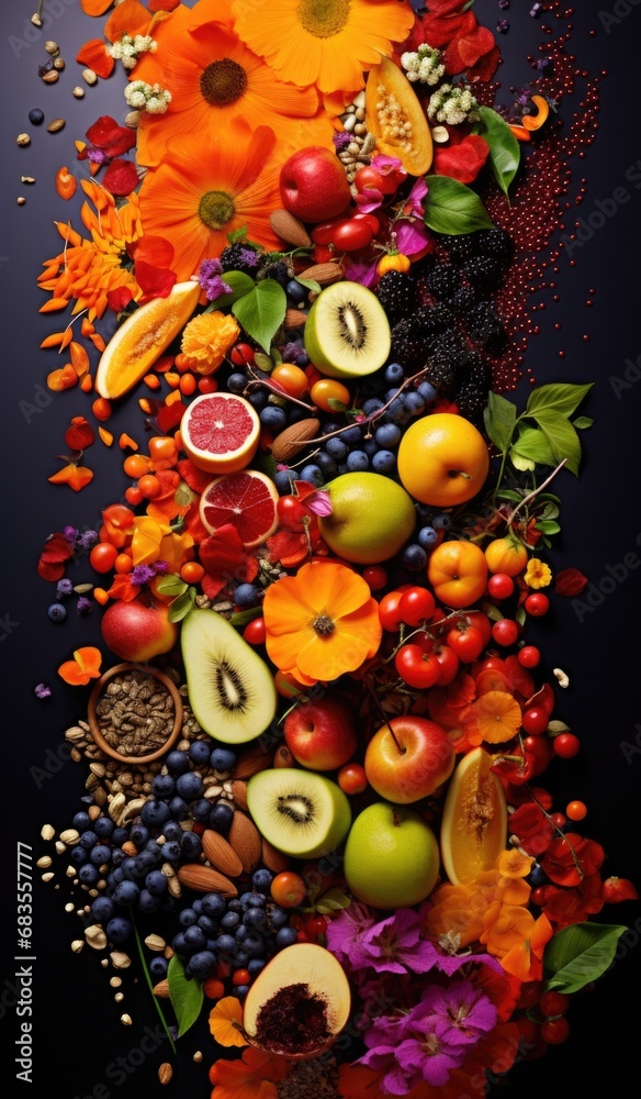 A vibrant assortment of fresh fruits and vegetables. Generative AI.