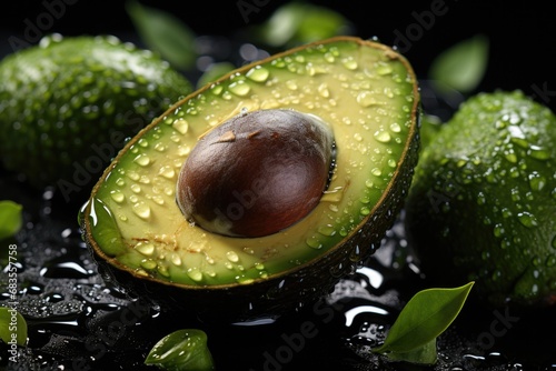 A cinematic closeup of a glistening avocado, accentuated by oblique lighting and mysterious darkness. Generative AI.