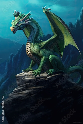 A green dragon with wings sits on a rock. Symbol of the year according to the Eastern calendar © foto.katarinka