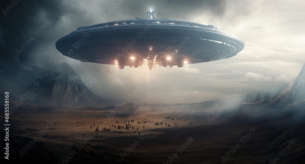 science fiction scene featuring an alien spaceship, depicting an extraterrestrial invasion and the mysteries