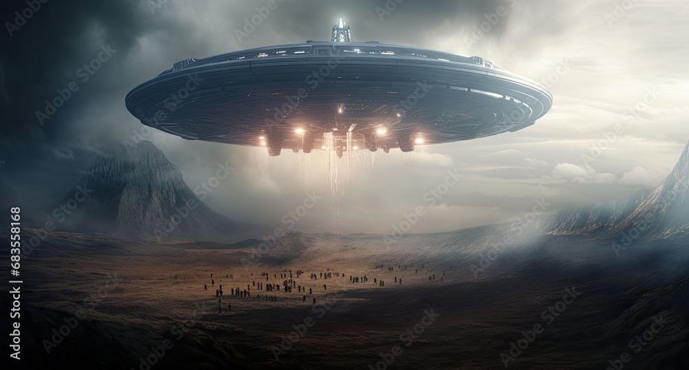 science fiction scene featuring an alien spaceship, depicting an extraterrestrial invasion and the mysteries science fiction scene featuring an alien spaceship, depicting an extraterrestrial invasion and the mysteries