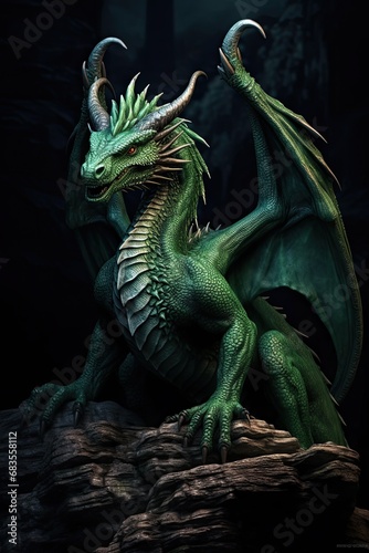 A large green dragon with horns on its head and claws on its wing sits on a stone against a dark background