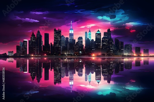 Illustration of skyscraper silhouette with abstract colorful sky and water reflection. Generative AI