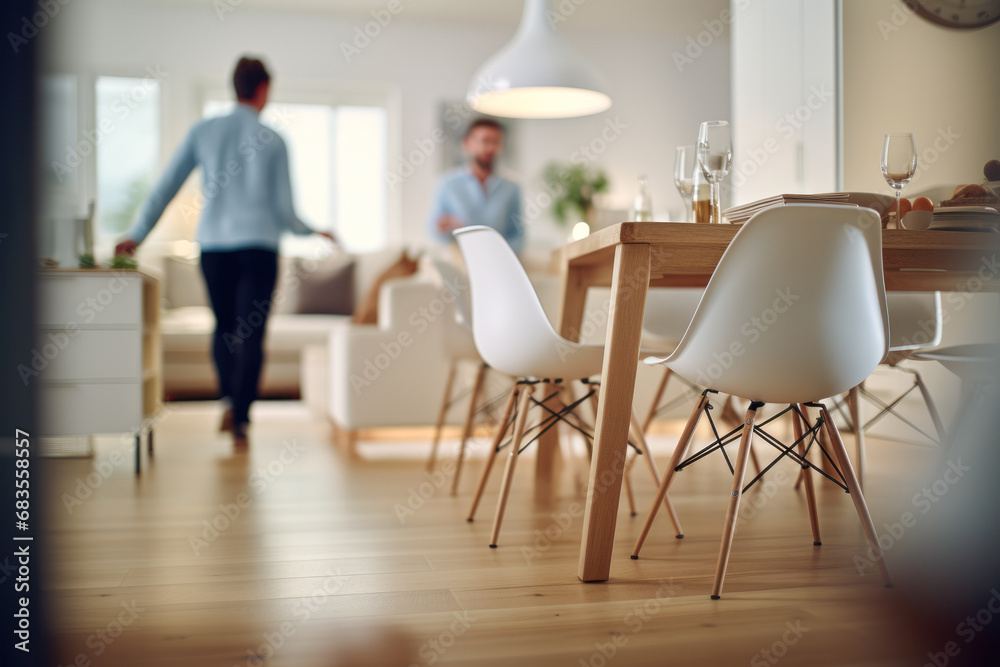 Folks strolling in a sunlit kitchen with lush plants. A modern urban vibe as people navigate through the contemporary space. Folks strolling in a sunlit kitchen with lush plants. A modern urban vibe as people navigate through the contemporary space.