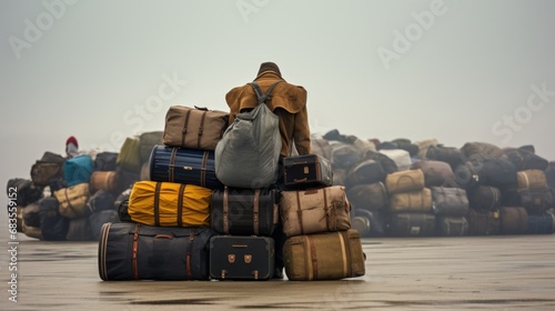 Modern world problem refugees, displaced immigrants emigrants, war victim fleeing military conflict, saving your own life, homelessness waifless children, group of people with luggage.