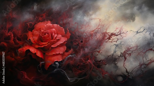 spiralling smoke and paint, organic, red rose decay, abstract painting, grief background