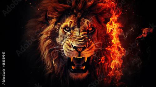 Lion king in fire, Portrait on black background, Wildlife animal. Danger concept