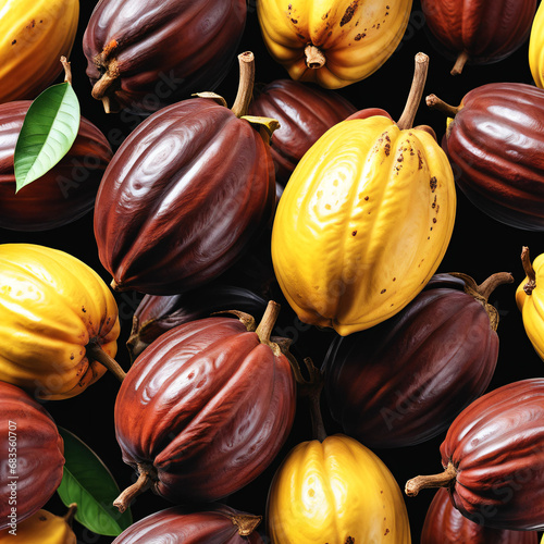 Frutos de cacau amarelos e marrons. Vários frutos cacaus inteiros photo